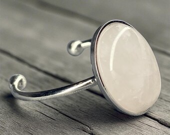 Anillo ajustable de cuarzo rosa: joyería de cristal curativo de acero inoxidable