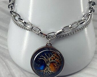 Pulsera Árbol de la Vida: Cabujón de cristal azul y dorado, joyería bohemia de acero inoxidable