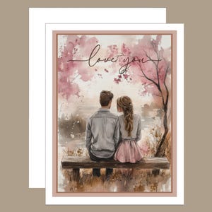 Romantic Watercolor Love Card – Couple on Bench Under Blossoms – Sweet Anniversary or Just Because Card for Someone Special