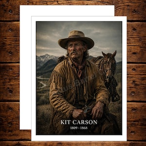 May include: A portrait of Kit Carson, a man in a cowboy hat and fringed jacket, with a horse in the background. The text "KIT CARSON 1809-1868" is below the image. The image is on a white card, set against a wood-grain background.