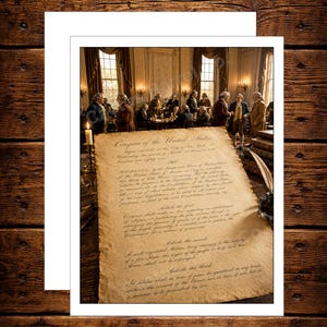 May include: A parchment document featuring the text of the United States Bill of Rights with a deckled edge, displayed in the foreground. In the background, a group of figures in 18th-century attire are gathered in a wood-paneled room with windows.