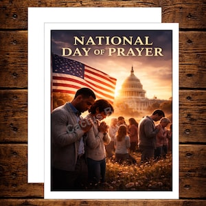 May include: A greeting card with the text "NATIONAL DAY OF PRAYER" and an image of people praying in front of the U.S. Capitol building and an American flag. The card is on a wooden background.