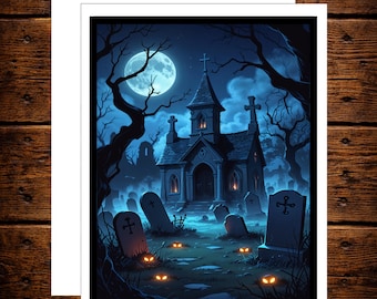 Haunted Graveyard Halloween Card: Spooky Gothic Church, Full Moon