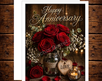 Rustic Red Rose Anniversary Card Romantic Floral Love Keepsake Greeting