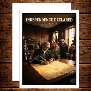 May include: A framed print featuring a historical depiction of the signing of the Declaration of Independence. The image shows a group of men in period clothing gathered around a table, with one man writing on a large document. The text "INDEPENDENCE DECLARED JULY 4, 1776" is at the top.