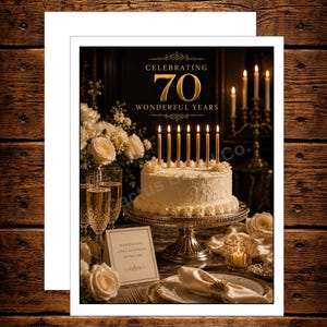 May include: A greeting card featuring a white cake with six lit gold candles on a silver pedestal. The text reads CELEBRATING 70 WONDERFUL YEARS and WISHING YOU A DAY AS SPECIAL AS YOU ARE. The scene includes champagne flutes, white roses, and a candelabra.