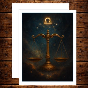 Libra Zodiac Greeting Card: Cosmic Scales & Constellation Design
