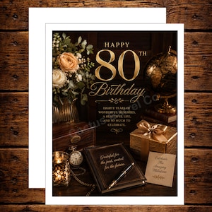 May include: A greeting card featuring the text Happy 80th Birthday, Eighty years of wonderful memories, a beautiful life, and so much to celebrate. The image displays a bouquet, a globe, a pocket watch, a journal with a pen, and a gift box.