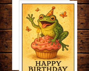 Whimsical Party Frog Birthday Card, Fun Kids & Adults Birthday Greeting