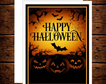 Spooky Halloween Card: Jack-O'-Lanterns, Bats & Haunted Trees