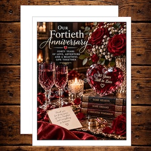 May include: A greeting card featuring a red heart-shaped crystal, two wine glasses, red roses, and a stack of books. Text reads: Our Fortieth Anniversary, Forty Years of Love, Adventure and a Beautiful Life Together, 40 Years Still in Love.