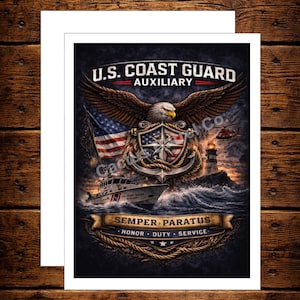 May include: A greeting card featuring a detailed illustration of the U.S. Coast Guard Auxiliary emblem. The design includes an eagle, American flag, anchor, and a ship at sea. The text reads "U.S. Coast Guard Auxiliary" and "Semper Paratus."