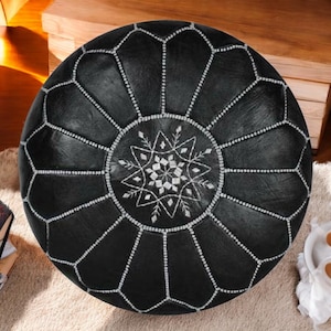 Round Moroccan Black Leather Pouf, Handmade Leather Footstool Pouf, Black Leather Ottoman Coffee Table Pouf, Unstuffed Pouf
