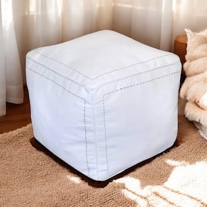 Faux Leather Ottoman Pouf, Moroccan Square Leather Ottoman with Storage ,Leather Hassock Ottoman Footstool Pouf, White Leather Coffee Table