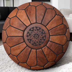 Round Moroccan Leather Pouf, Handmade Leather Footstool Pouf, Tan Leather Ottoman Coffee Table Pouf, Unstuffed Pouf