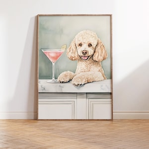 プードルのバーカートの装飾 - 犬好きのデジタルウォールアート - 水彩画 - ミニスタンダード落書きカクテルの印刷物 - パステルマティーニのポスター