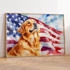 Golden Retriever American Flag Painting, Patriotic Watercolor, USA Dog Lover Print, Digital Wall Art Printable, Fourth of July Poster