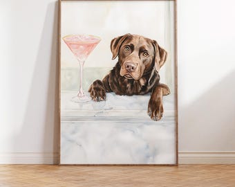 Chocolate Lab Martini Watercolor Art Print – Labrador Retriever Bar Cart Decor (Digital Printable Poster)
