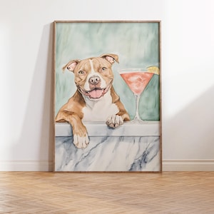 ピットブル バーカート デコレーション - AmStaff 犬好き向けデジタル ウォール アート - 水彩画 - スタッフォードシャー テリア カクテル 印刷可能なマティーニ ポスター