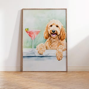 Goldendoodle バーカート装飾 - 落書き犬好きのデジタルウォールアート - 水彩画 - パステルカクテルプリント - マティーニ印刷可能なポスター