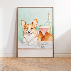 コーギー バー カート デコレーション - 犬好きのデジタル ウォール アート - 水彩画 - セージ グリーン カクテル プリント - マティーニ 印刷可能なポスター - ハッピー アワー