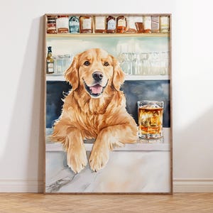 ゴールデンレトリバーのバーカートデコレーション、犬好きのデジタルウォールアート、ウイスキーの水彩画、印刷可能なカクテル、かわいいキッチンの印刷可能なポスター