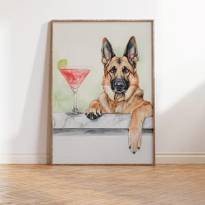 ジャーマンシェパードのバーカートの装飾 - 犬好きのデジタルウォールアート - 水彩画 - パステルカクテルプリント - プレッピーマティーニの印刷可能なポスター