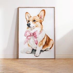 May include: A watercolor painting of a corgi wearing a pink bow. The corgi is sitting and looking to the right. The background is white.