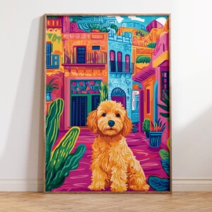 Southwestern Goldendoodle Malerei, rosa Wandkunst, moderne Popart, wunderlicher bunter Druck, einzigartiges digitales druckbares, Kaktus-mexikanisches Plakat