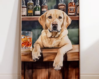 Decoración de carrito de bar con labrador amarillo: Impresión de cocina con whisky y acuarela para amantes de los perros (impresión digital)