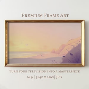 Ramka TV Art Beach, Lato Samsung Theframe Artwork, Zachód słońca Digital Download, Dom na plaży Coastal Decor, Anime Pastel Landscape Painting