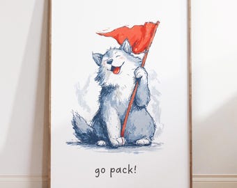 Impresión artística de la mascota Wolfpack de NCSU: Decoración de dormitorio de la Universidad Estatal de Carolina del Norte (Póster de descarga digital)