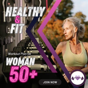 Puede incluir: Un gráfico rosa y morado con el texto "Healthy & Fit Workout Plan for Woman 50+" y una mujer con una camiseta verde corriendo en un parque. El gráfico también incluye una fila de pesas y un corazón rosa con un icono de pesa.
