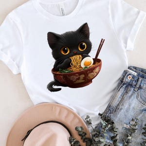 T-shirt chat drôle PNG, T-shirt chat nouilles, T-shirt chat ramen, T-shirt gourmand, T-shirt animal chat noir, Sweat-shirts amoureux des chats, Téléchargement numérique
