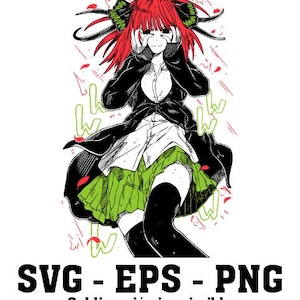 May include: Anime-style illustration of a character with red hair, black clothing, and a green skirt. The image includes the text "SVG - EPS - PNG" and "Sublimación imprimible".