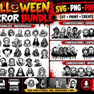 Puede incluir: Un paquete digital Halloween Horror Bundle con más de 30 diseños gráficos en blanco y negro de personajes de terror icónicos. La colección incluye retratos individuales y composiciones grupales para Cricut, Silhouette y plotters.