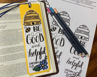 Bible Journaling Verse Art - Margin Art - Coloring Bookmark featuring Ephesians 4:29 - Bee Good and Helpful