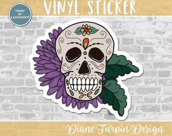 Sugar Skull Vinyl Sticker | Halloween Journaling Sticker, Planner or BUJO Sticker or Scrapbooking Sticker