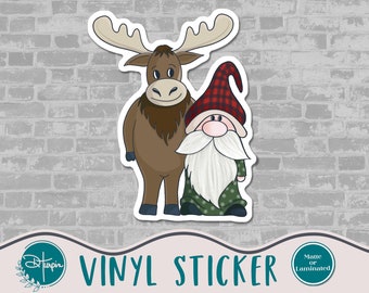 Gnome with Moose Vinyl Sticker, Woodland Friends, Christmas