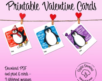 Penguin Valentine Cards | INSTANT DOWNLOAD | Kids Valentines Day Card, DIY printable