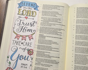 Bible Journaling Verse Art - Margin Art - Bookmark featuring Psalm 37:3-6 -- Depend on the Lord, He will Take care of You