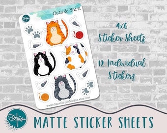 Cats and Yarn Sticker Sheet | For journals, planners | Pet stickers