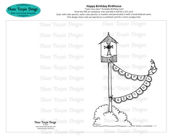 Happy Birthday Birdhouse Card - Color Your Own - Coloring Card - Printable