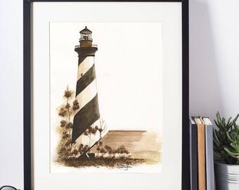 Cape Hatteras Lighthouse Watercolor Print, Nautical, Beach Decor