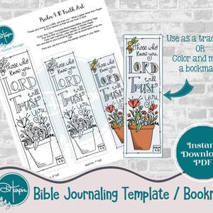 Op de afbeelding: Printbare sjabloon voor het bijbeljournalen of bladwijzer met een zwart-witte illustratie van bloemen in een pot met de tekst "Those who know you LORD will trust you" en de bijbeltekst "Psalm 9:10".