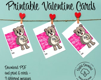 Teddy Bear Valentine Cards | INSTANT DOWNLOAD | Kids Valentines Day Card, DIY printable