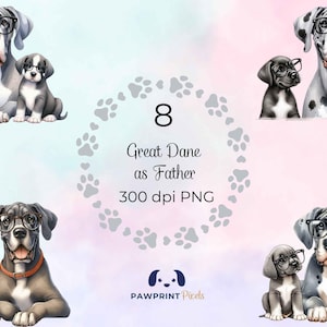 Duitse dog als vader png-bestanden | Digitale afbeelding van innemende hond vader en pup | 300 dpi, aquarelillustratie, cadeau-idee voor Vaderdag