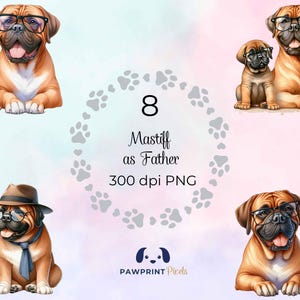 PNG-bestanden Mastiff als vader | Digitale afbeelding betoverende hond vader en pup | 300 dpi, aquarelillustratie, cadeau-idee voor Vaderdag