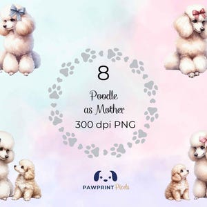 File PNG raffigurante un barboncino come madre, immagine digitale di una mamma e del suo cucciolo, 300 dpi, illustrazione ad acquerello, idea regalo per la festa della mamma.
