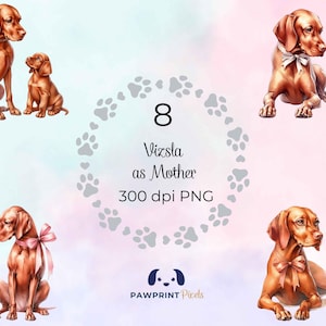 Archivo PNG de Vizsla como madre, imagen digital de una querida perra y su cachorro, 300 ppp, ilustración en acuarela, idea de regalo para el Día de la Madre.